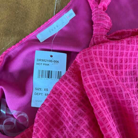 Lush Hot Pink One Shoulder Smocked Waist‎ Tiered Mini Dress Sz XS Barbie Y2K - Picture 7 of 12
